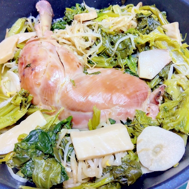 チキンもやしエリンギほうれん草わさび菜ルッコラ煮